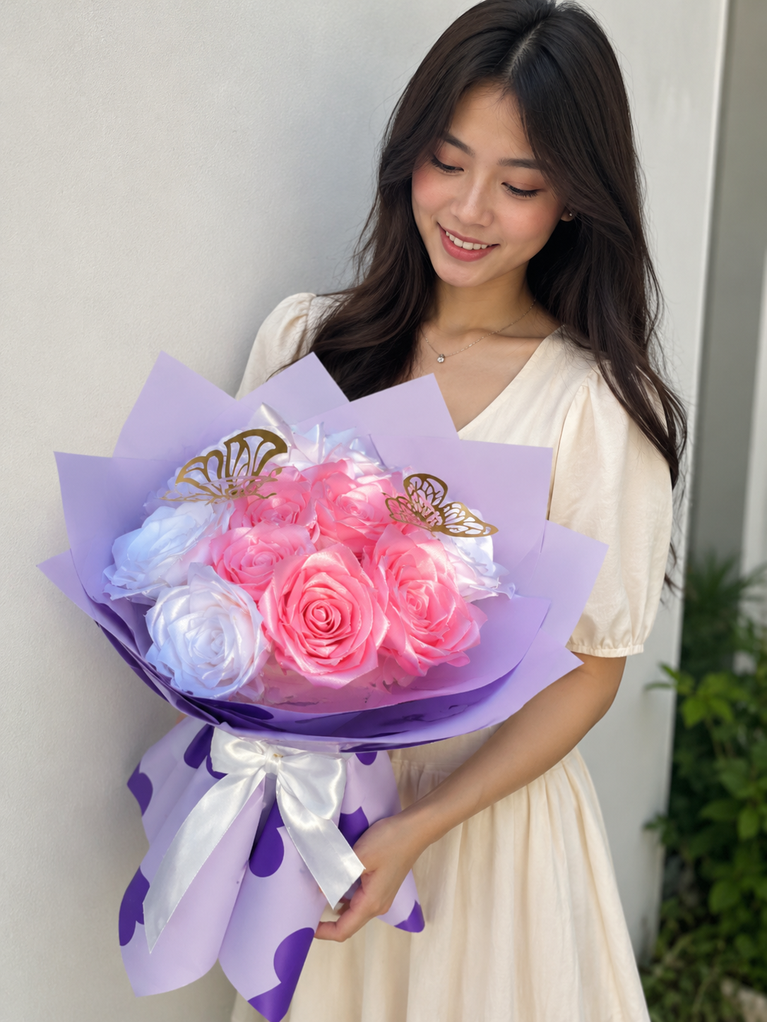 Handmade Satin Ribbon Rose Bouquet – Pink & White Butterfly Edition