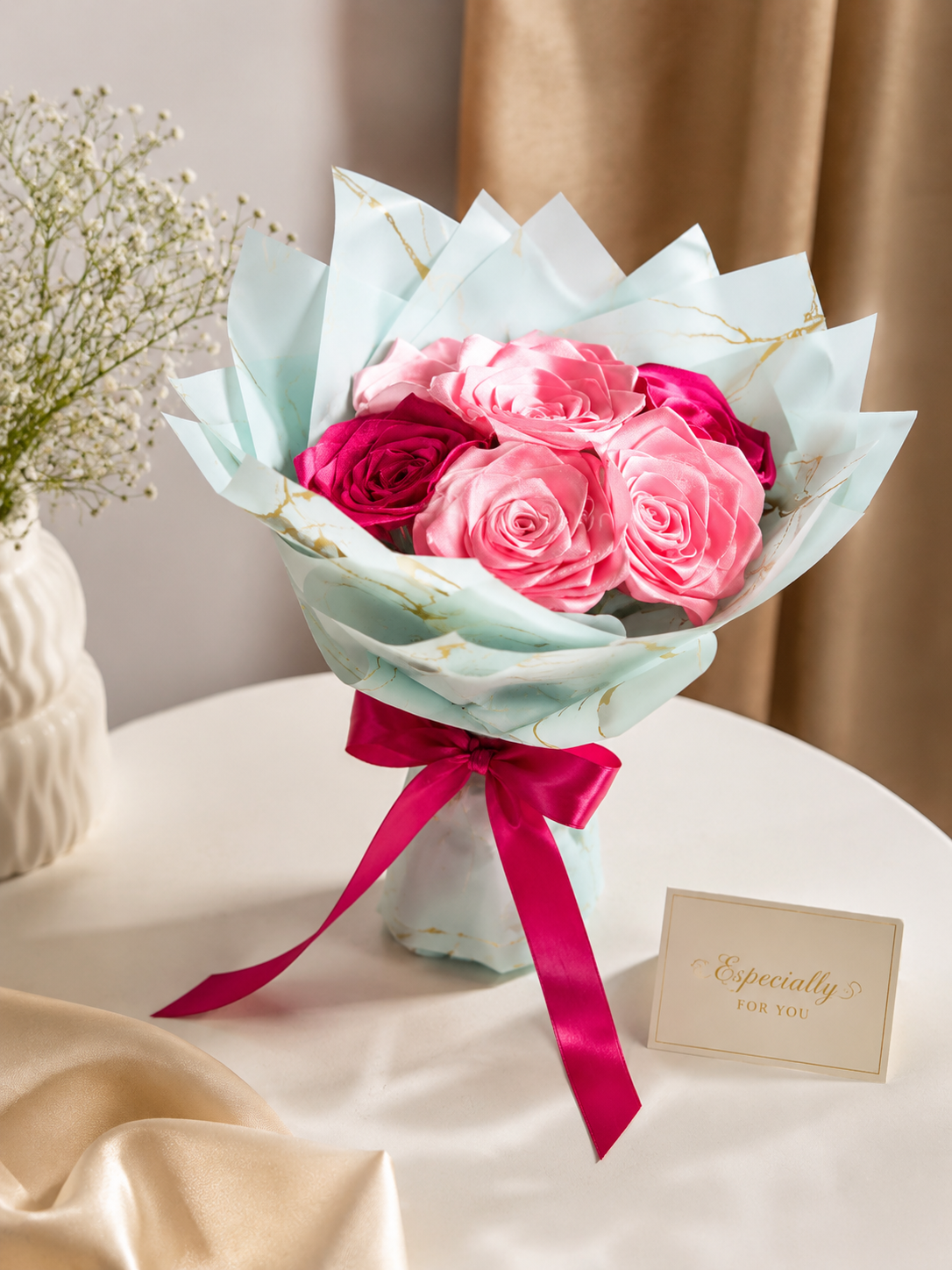 Handmade Satin Ribbon Rose Bouquet – Pink & Fuchsia