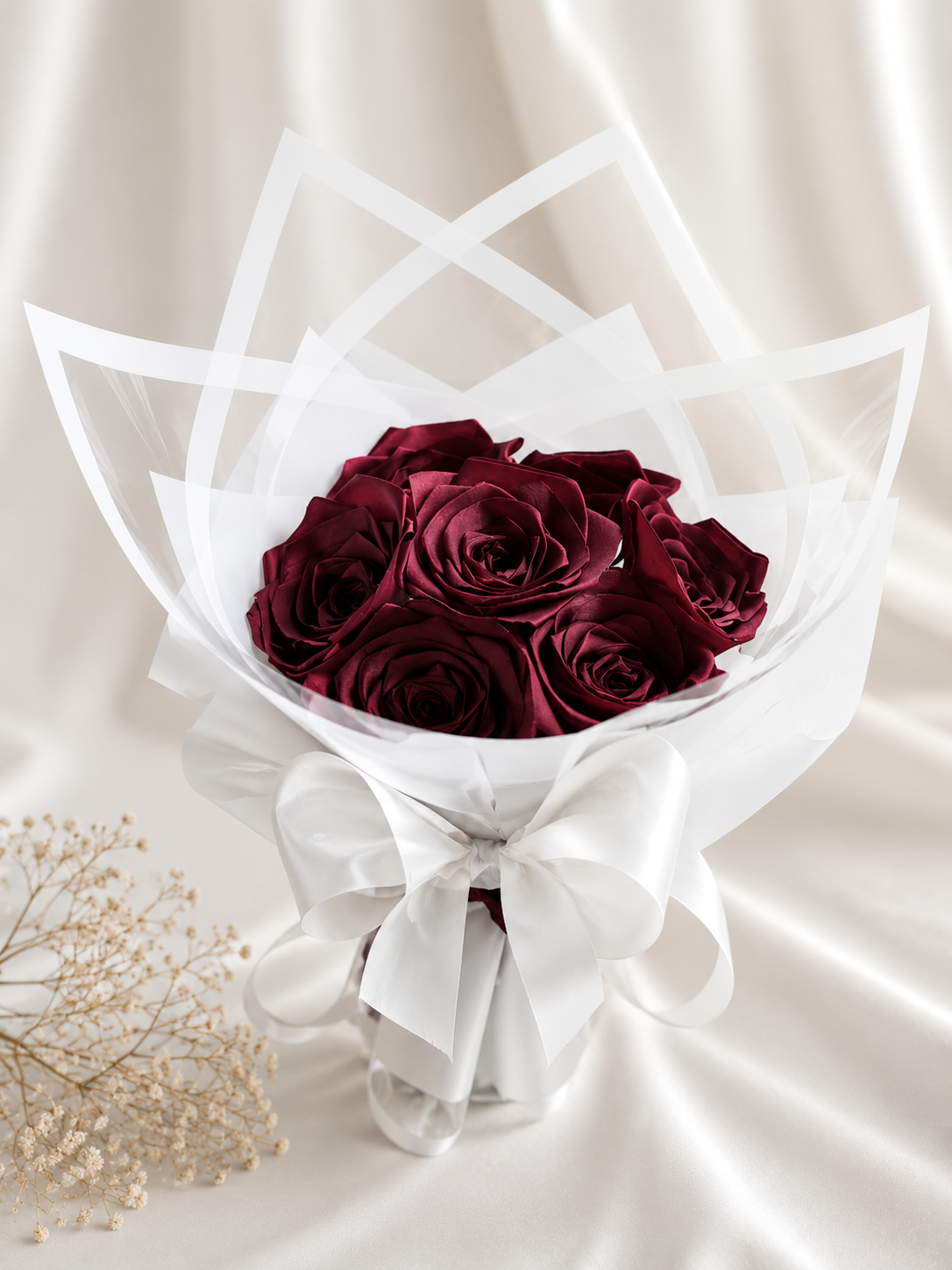 Handmade Burgundy Ribbon Rose Bouquet - Deep Wine Red