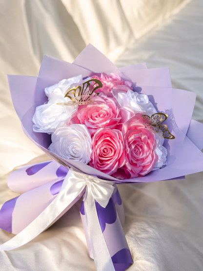 Handmade Satin Ribbon Rose Bouquet – Pink & White Butterfly Edition