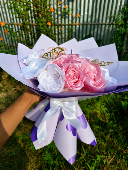 Handmade Satin Ribbon Rose Bouquet – Pink & White Butterfly Edition