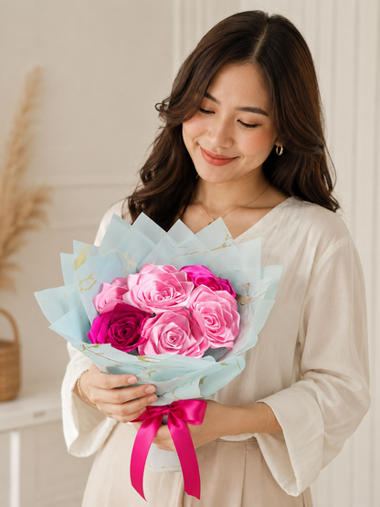 Handmade Satin Ribbon Rose Bouquet – Pink & Fuchsia